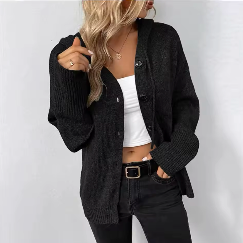 Amanda | Long Sleeve Button Up Knit Hoodie Cardigan