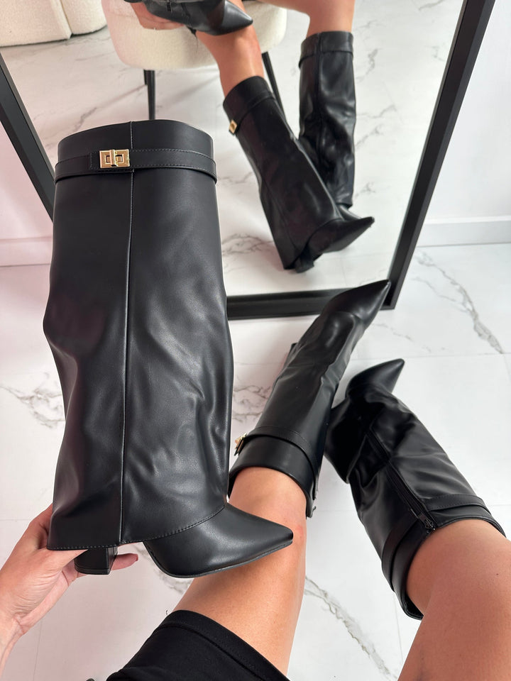 Amy | Black Leather Wedge Boot