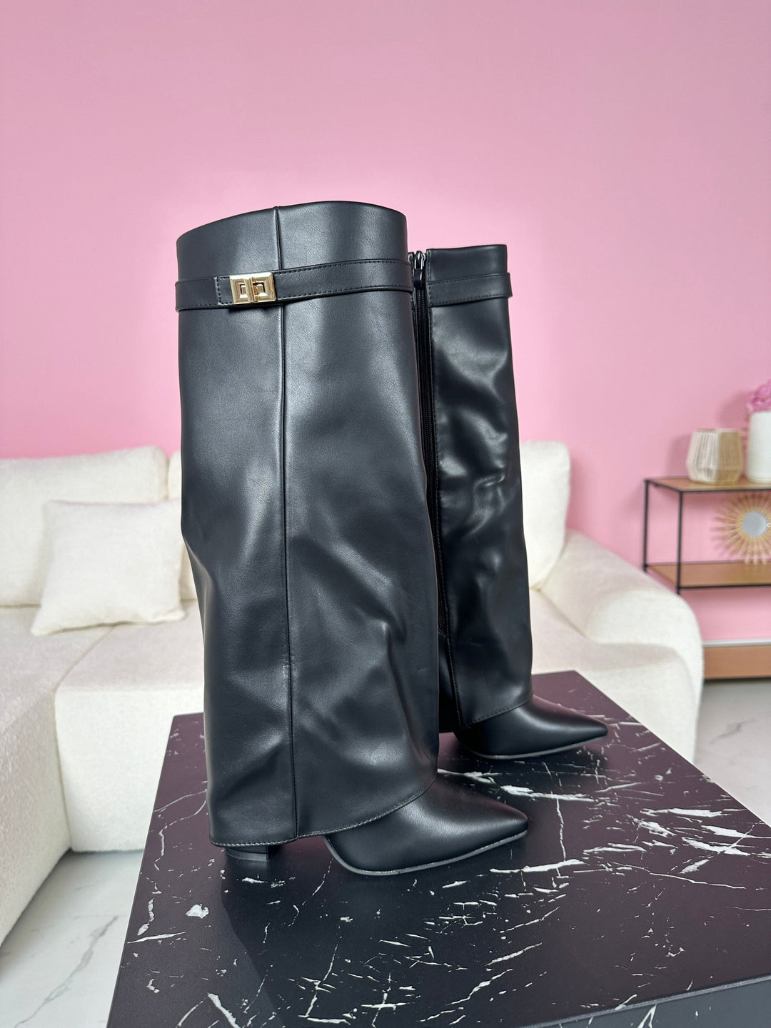 Amy | Black Leather Wedge Boot